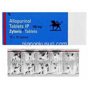 ザイロリック, アロプリノール 100mg 錠 (GSK) 箱、錠剤