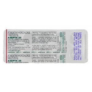 アクセプタ, アトモキセチン 40mg 錠 (Intas) 包装裏面