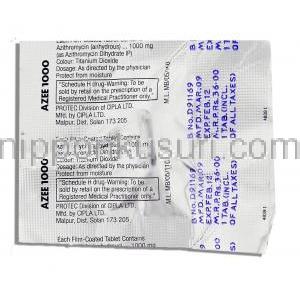 アジー, アジスロマイシン  1,000mg (Protec/Cipla) 包装裏面