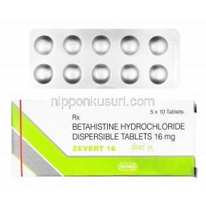 ゼバート, ベタヒスチン, Zevert, 16MG 錠 (Intas) 箱、錠剤
