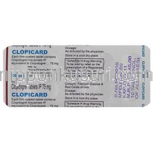 クロピカード Clopicard, プラビックス ジェネリク, クロピドグレル 75mg 錠 (Okasa) 包装裏面