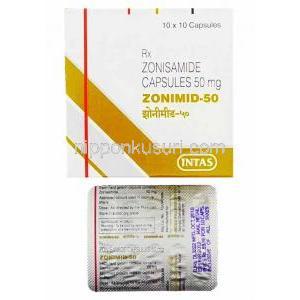 ゾニミド, ゾニサミド  Zonimid  50mg (Indas) 箱、カプセル