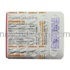 ゾニミド, ゾニサミド  Zonimid カプセル 25mg (Indas) 包装