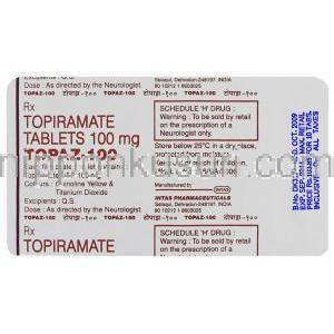 トパーズ, トピラマート100mg 錠 (Intas) 包装裏面