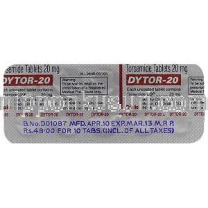 ダイトール, トラセミド 20mg 錠 (Cipla) 包装裏面