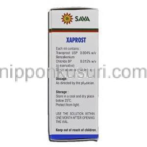 キサプロスト, トラバプロスト 0.004% x 2.5 ml 点眼薬 (Sava medica) 箱裏面