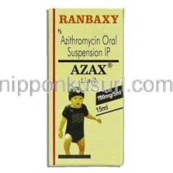アザックス Azax Liquid, ジスロマックス ジェネリック, アジスロマイシン 15ml 100mg/5ml 内服液 (Ranbaxy) 箱