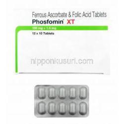 フォスフォミン XT (アスコルビン酸第一鉄/ 葉酸) 箱、錠剤