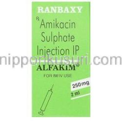 アミカシン（ビクリン ジェネリック）, Alfakim, 250mg 2ml 注射 (Ranbaxy) 箱
