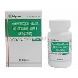 リコビル EM (テノホビル/ エムトリシタビン) 箱、錠剤