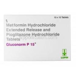グルコノーム P, ピオグリタゾン 15 mg/ メトホルミン 500 mg,製造元： Lupin, 箱表面