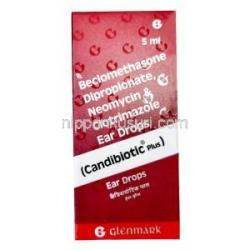 キャンディビオティック プラス 点耳薬, ベクロメタゾン 0.025% w/v/ ネオマイシン 0.5% w/v/ クロトリマゾール 1% w/v, 点耳薬 5mL,製造元：Glenmark Pharmaceuticals, 箱表面