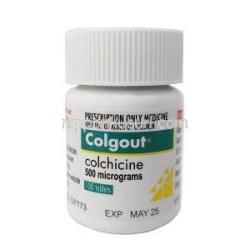 コルガウト, コルヒチン 0.5 mg, 製造元：Aspen pharmacare Australia,ボトル表面