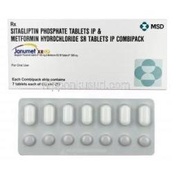 ジャヌメット XR CP,  シタグリプチン 100 mg x 7 錠, メトホルミン 1000 mg  x 7 錠 (コンビパック), 製造元：MSD, 箱, シート