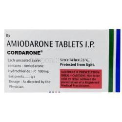 コルダロン, アミオダロン 100mg, 錠剤, 製造元：Sanofi India, 箱表面
