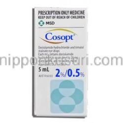 コソプト Cosopt, ドルゾラミド・マレイン酸チモロール配合 2%/0.5% 点眼薬 (MSD) 箱