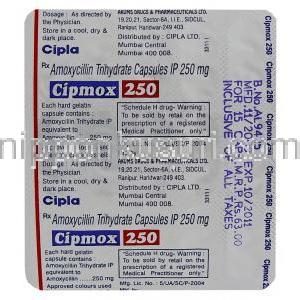 シプモックス Cipmox アモキシシリン 250mg カプセル (Cipla) 包装裏面