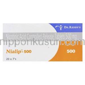 ナイアシン  ニコチン酸 （ナイアスパン ジェネリック）, Nialip 500mg 錠 (Dr.Reddy's) 箱