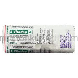 エス・シタデップ, エスシタロプラム 5mg 箱 (Protec,Cipla) 包装裏面