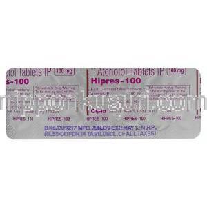 アテノロール Hipres 25mg 錠 (Cipla) 包装裏面