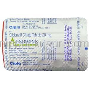 アシュアランス, シルデナフィル 20mg 錠 (Cipla)  包装裏面