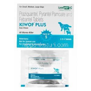 キオフ・プラス　チュアブル錠, プラジカンテル　50mg，パモ酸ピランテル  144mg，, フェバンテル150 mg, 製造元：Sava Vet, 箱情報