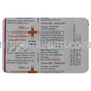 チニダゾール, Timba 500mg 錠 (Zydus Alidac) 包装裏面