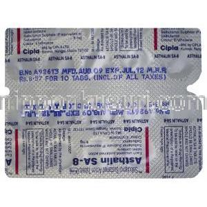 アスタリン Asthalin, 硫酸サルブタモール 8mg 錠 (Cipla) 包装裏面
