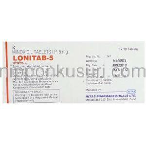 ロニタブ, ミノキシジル 5mg 錠 (Intas) 箱裏面