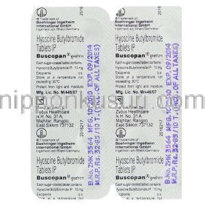 ブスコパン, ヒヨスチン-N-ブチルブロマイド Buscopan 10mg 錠 (Boehringer Ingelheim) 包装裏面