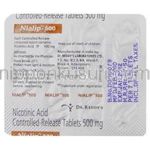 ナイアシン  ニコチン酸 （ナイアスパン ジェネリック）, Nialip 500mg 錠 (Dr.Reddy's) 包装裏面