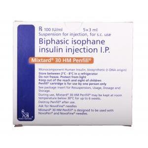 ミックスタード 30HM ペン型注射　5 X 3ml　注射用溶液,　 ヒトインシュリン　100IU/ml　箱