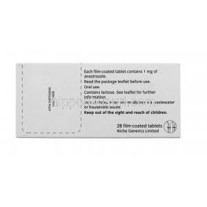 ジェネリックアリミデックス, アナストロゾール 1mg　28錠　箱　裏面　使用説明