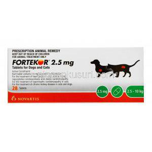 フォルテコール　2.5mg, 錠 犬・猫用 製造元：ノバルティス社 箱表面　情報