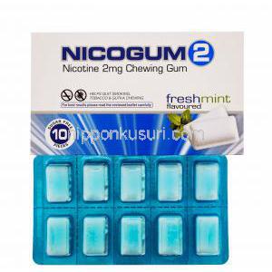 Nicogum 2,ニコチン代替療法用ガム 2mg, ミント味，箱表面,シート