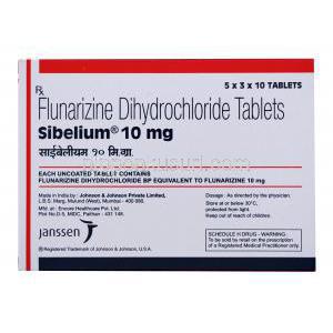 ジェネリックシベリウム, フルナリジン 10 mg 製造元：Janssen,箱表面,使用量,注意事項,保存方法