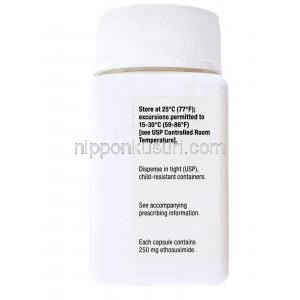 ザロチン Zarontin, エトスクシミド　カプセル, 250mg,　ボトル側面,保存方法,製造元：ファイザ