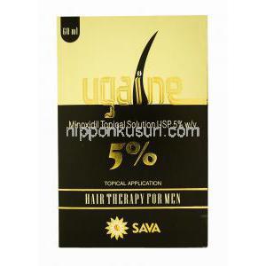 ウゲイン，　ミノキシジル 5％ 60ml, 製造元：Sava Healthcare　箱表面