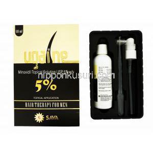 ウゲイン，　ミノキシジル 5％ 60ml, 容器,スプレーノズル,スポイト,　製造元：Sava Healthcare　箱,