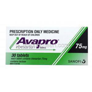 アバプロ,イベルサルタン,75mg 30錠,箱表面,製造元：Sanofi