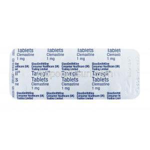 タベジール,クレマスチン,1mg 60錠，シート裏面,製造元：GlaxoSmithKline