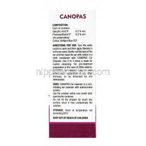 カノパス,サリチル酸, イヤークリーナー0.2% 50ml,製造元： SAVA Vet, 箱裏面,有効成分,使用量,使用方