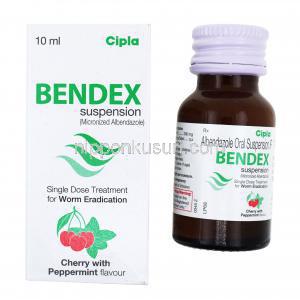 アルベンザ ジェネリック,Bendex,アルベンダゾール内服用懸濁液,製造元：Cipla,10mg,箱,ボトル表面