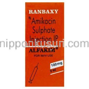 アミカシン（ビクリン ジェネリック）, Alfakim, 100mg 2ml 注射 (Ranbaxy) 箱