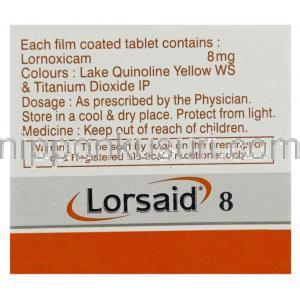 ロルノキシカム（ロルカムジェネリック）, Lorsaid, 8MG 錠 (Piramal) 成分