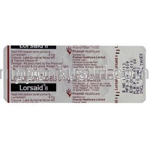 ロルノキシカム（ロルカムジェネリック）, Lorsaid, 8MG 錠 (Piramal) 包装裏面