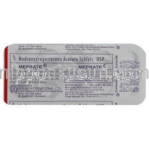 メドロキシプロゲステロン( ヒスロン/プロベラジェネリック), Meprateメ, 10mg 錠 (Serum International) 包装裏