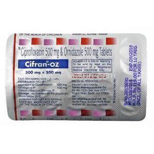 シフラン - OZ (シプロフロキサシン/ オルニダゾール) 錠剤裏面