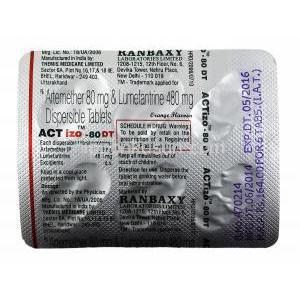 アクティゾ DT (アルテムエーテル / ルメファントリン) 80mg 錠剤裏面