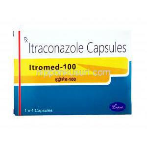 イトロメド,イトラコナゾール 100 mg,10 カプセル,製造元：Leeford Healthcare, 箱表面